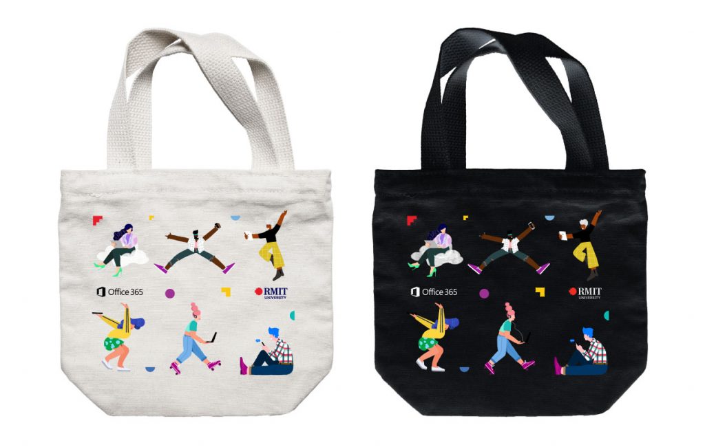 Black and white tote bag with colourful employee illustrations | RMIT Office 365 by Communication Consultants | Studio Alto