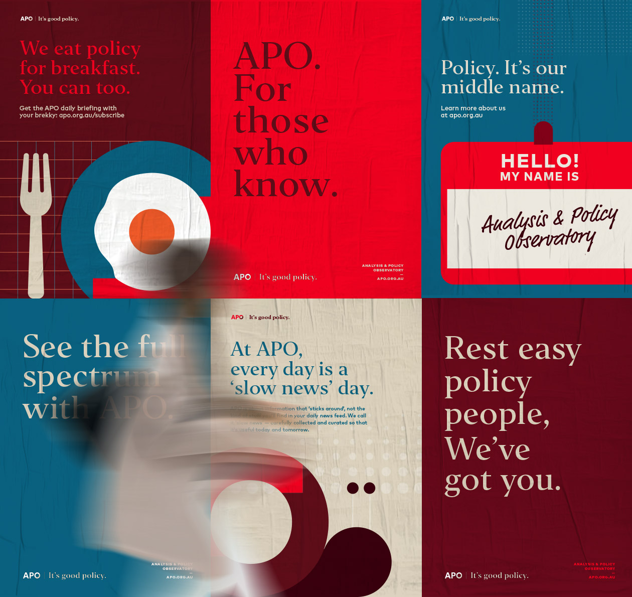 Set of 6 APO posters with brand messaging in a street setting with a person walking past.