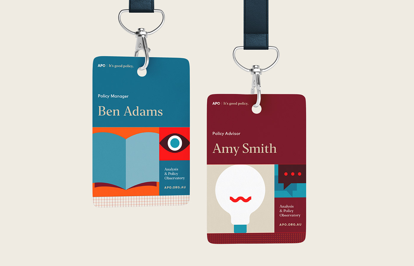 A set of blue and maroon APO name tags