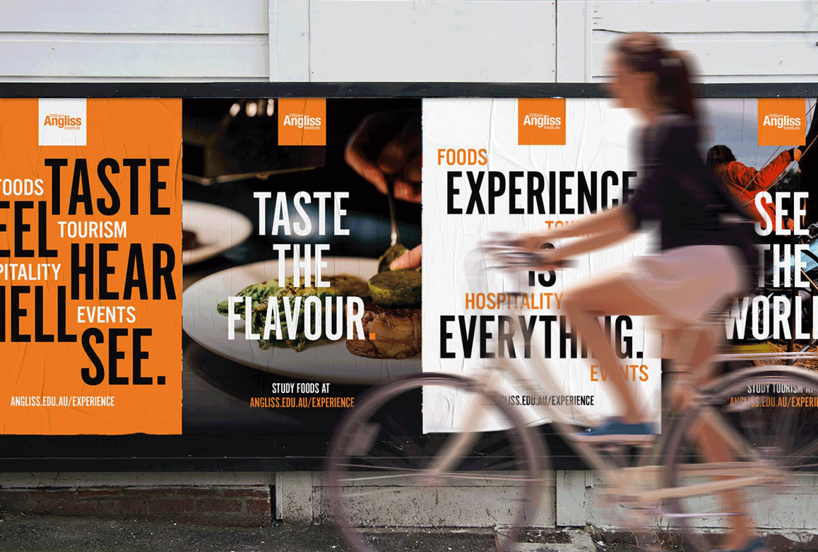 Experience is Everything campaign posters in a street setting with a person riding a bicycle in the foreground