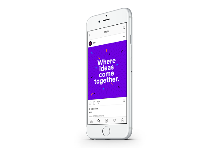 Perspective view of an MID social post on an iPhone screen, with the tagline "Where ideas come together".
