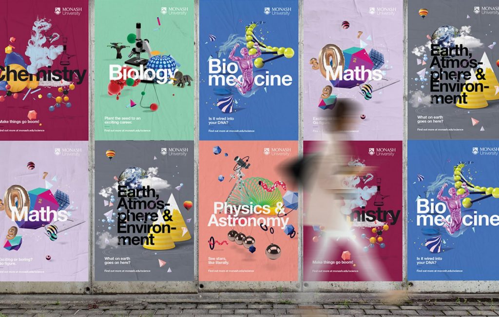 Monash Science Careers Guide promotional posters in a street setting