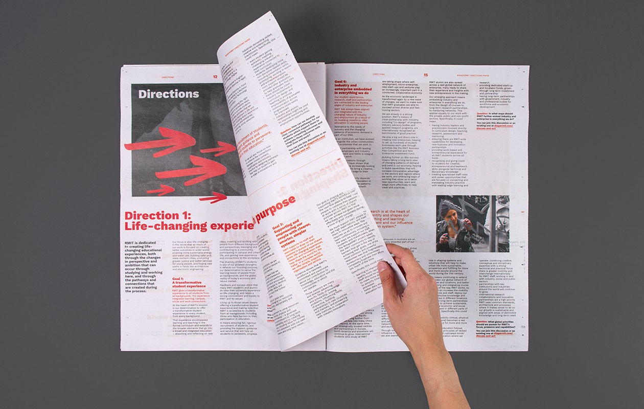 A hand flipping the inside pages of the ShapeRMIT tabloid