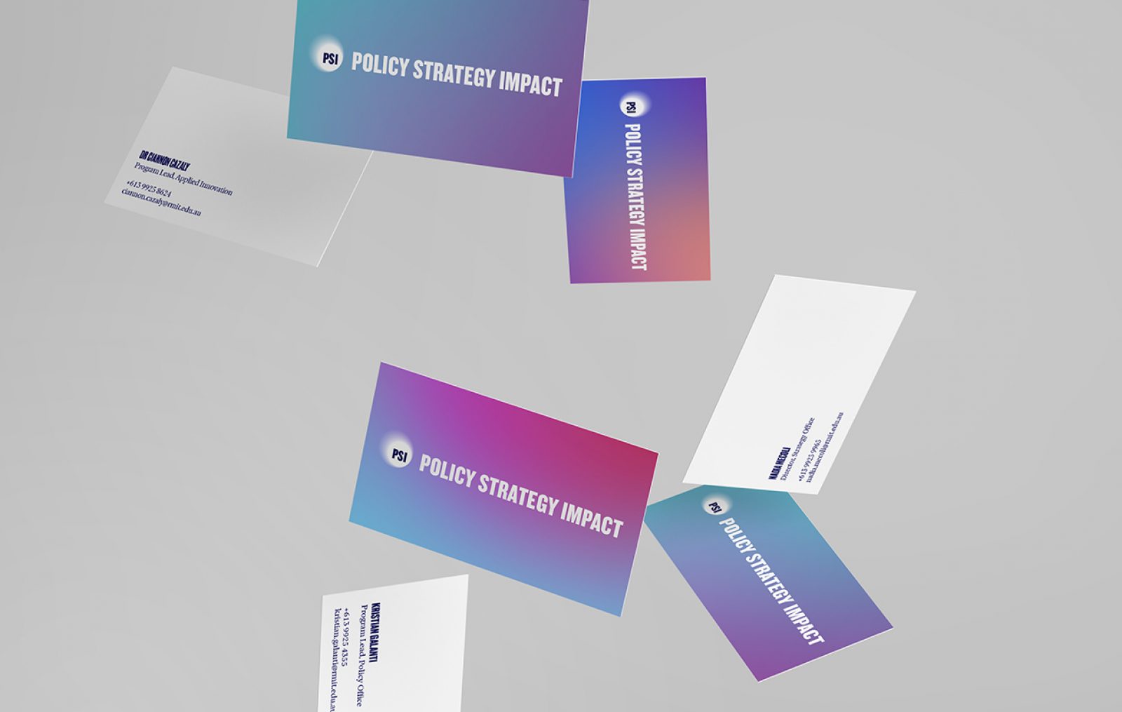 Cascading shot of business cards showing front and back designs.