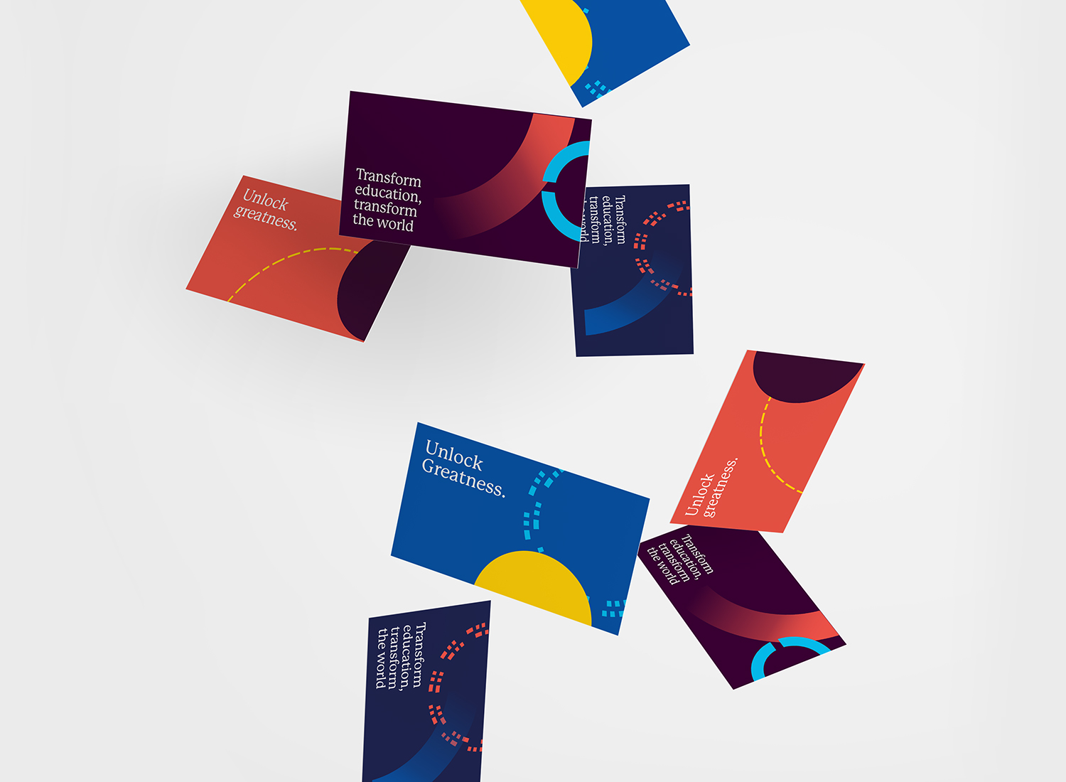 A set of colourful cascading business cards.