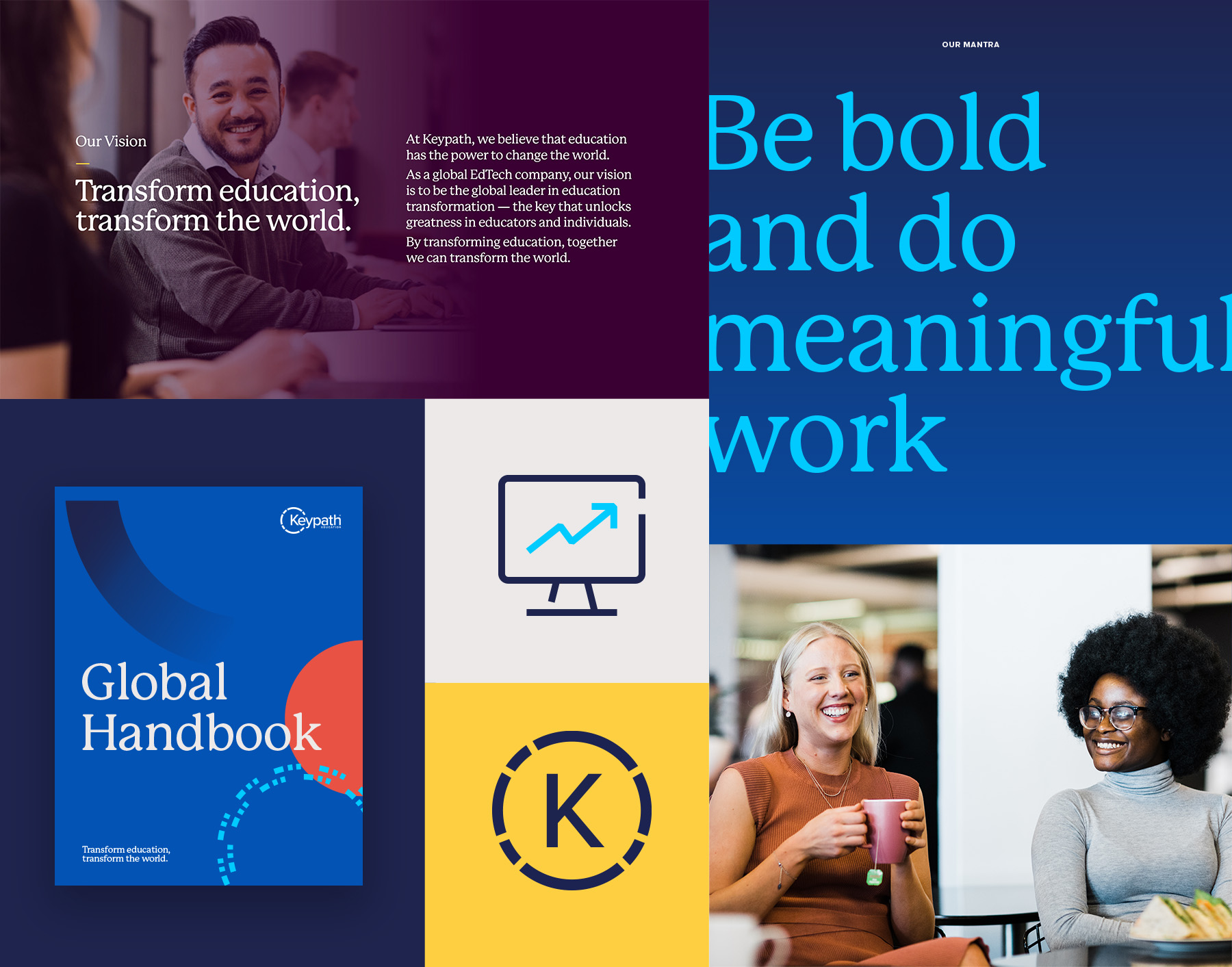 A range of Keypath collateral including a computer icon, the brand monogram, custom photography, brochure cover and key messaging.