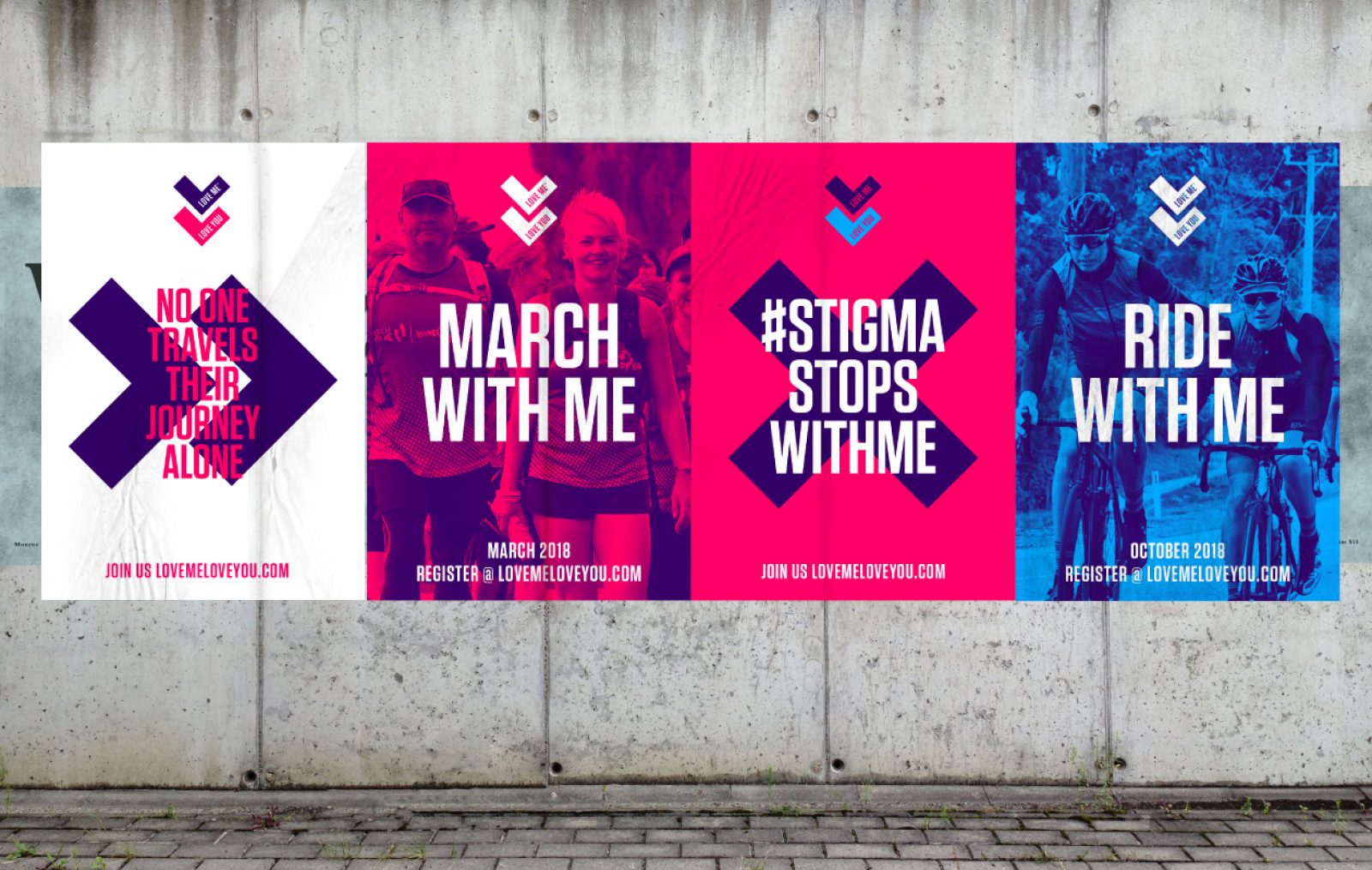 Love Me Love You campaign posters in a street environment with duotone images, logo and call to action.