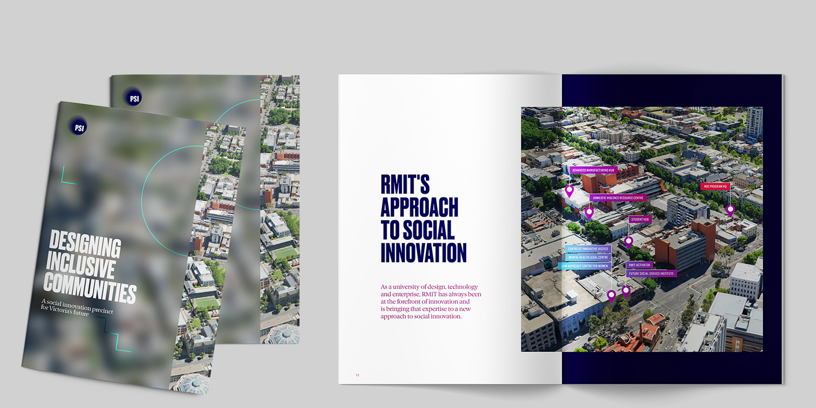 Brochure cover with the title "Designing Inclusive Communities" and an inside spread with a headline on the left and image on the right.