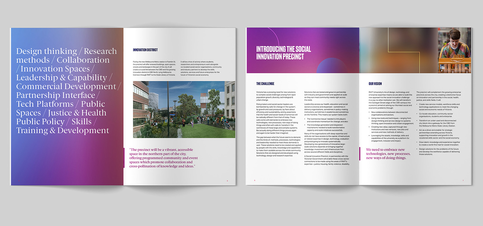 Two inside spreads of a brochure with feature text, body copy and images.