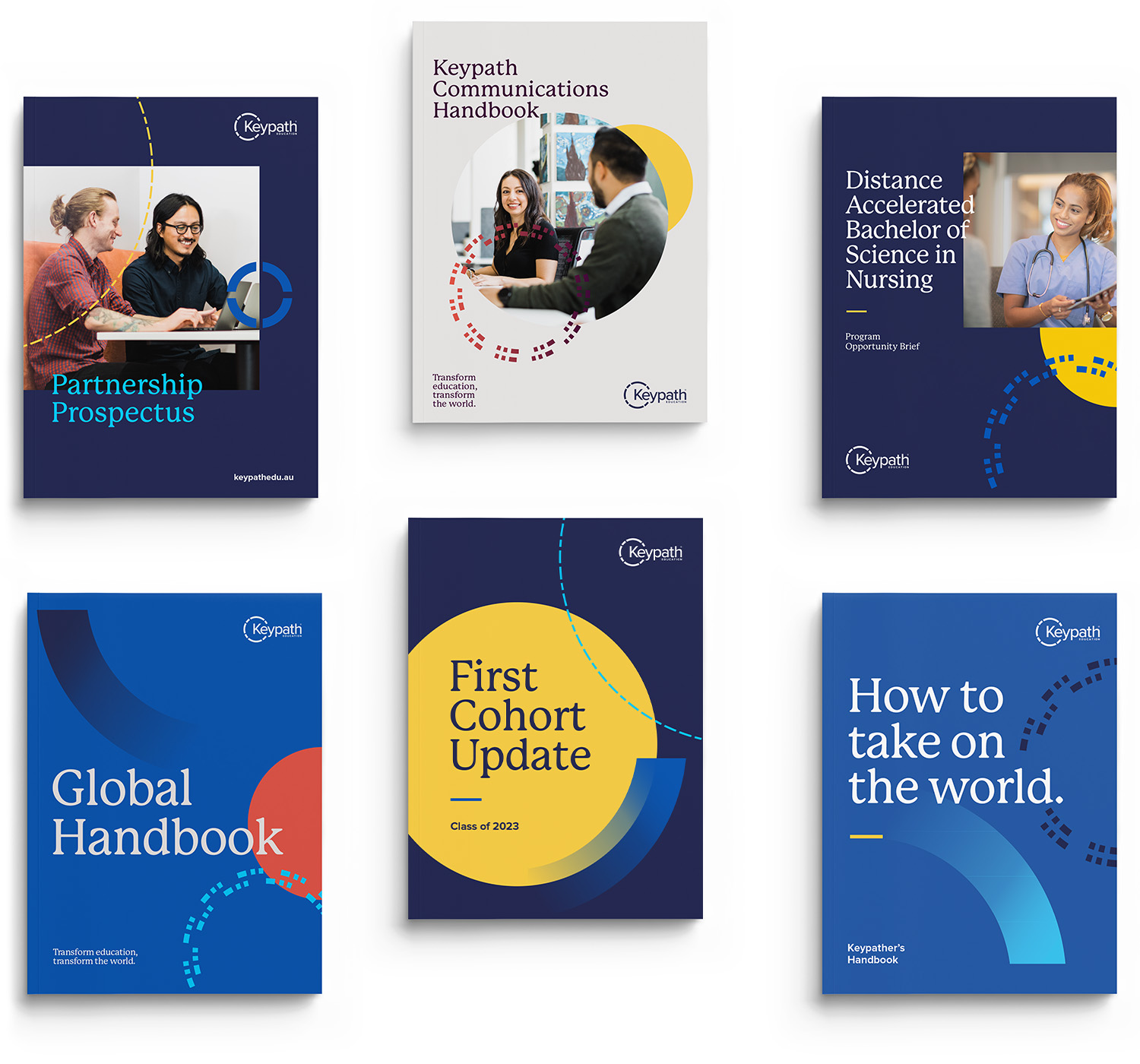 6 brochure covers with different designs for various Keypath Education publications.