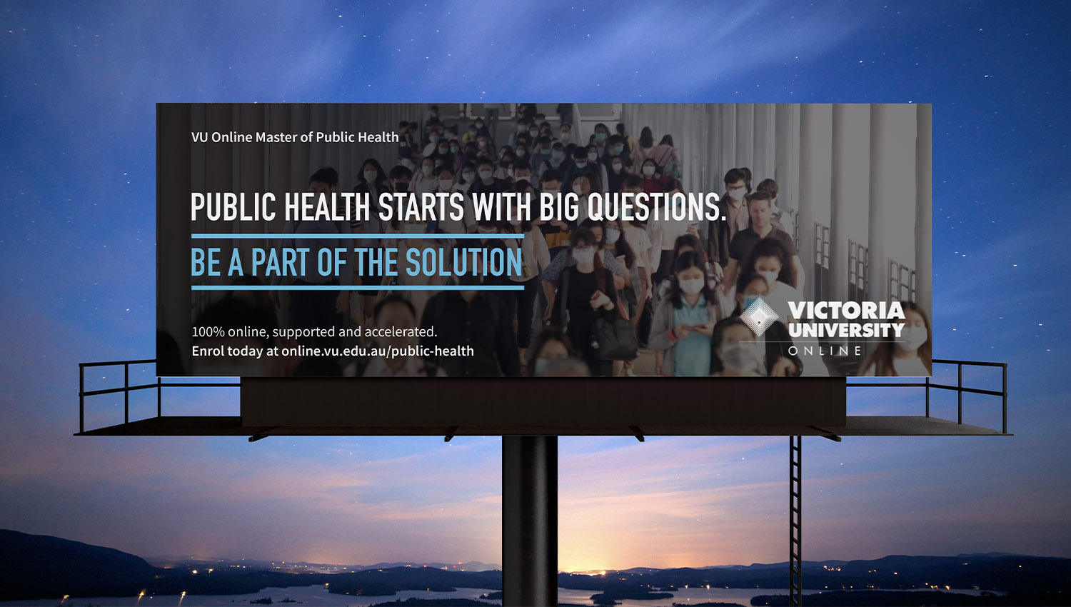 VU Online Master of Public Health billboard with the headline: "Public Health Starts with Big Questions. Be a part of the solution."