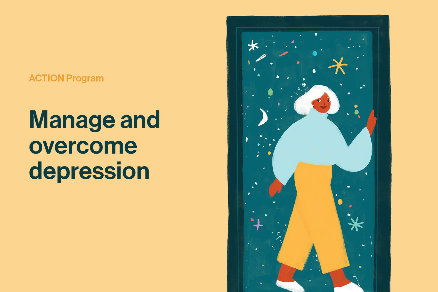 Hero illustration for Mental Health Online's depression (ACTION) program with the headline "Manage and overcome depression".