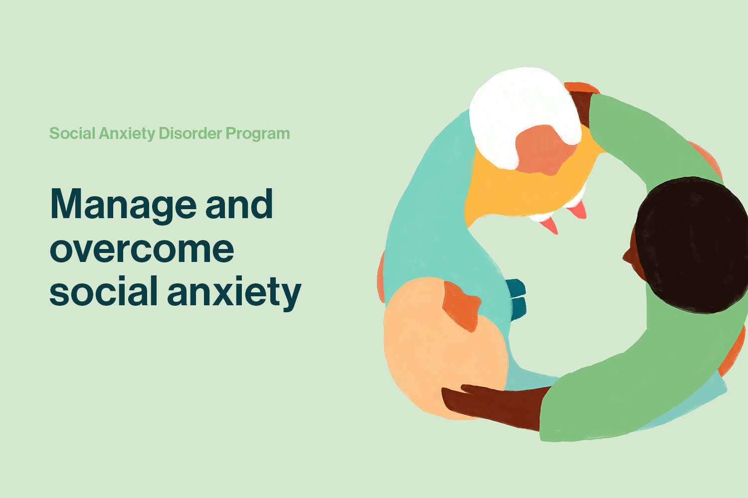 Hero illustration for Mental Health Online's Social Anxiety Disorder program with the headline "Manage and overcome social anxiety".